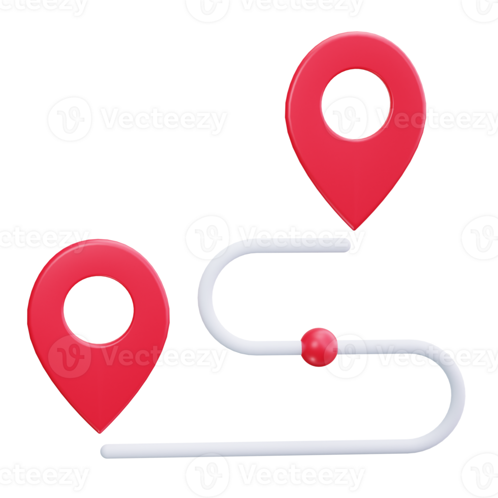 3d icons two red location pins and a white curved path symbolize a journey png