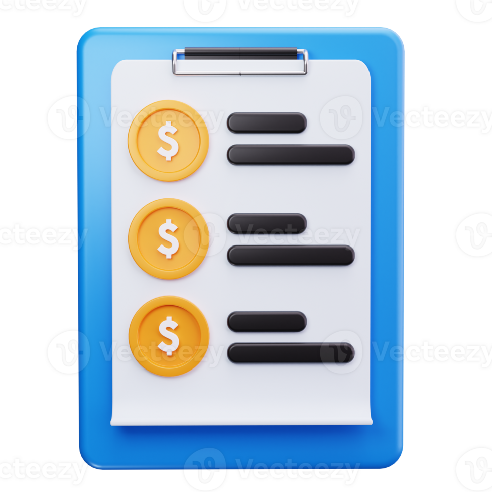 Blue clipboard with three gold coins on it. png