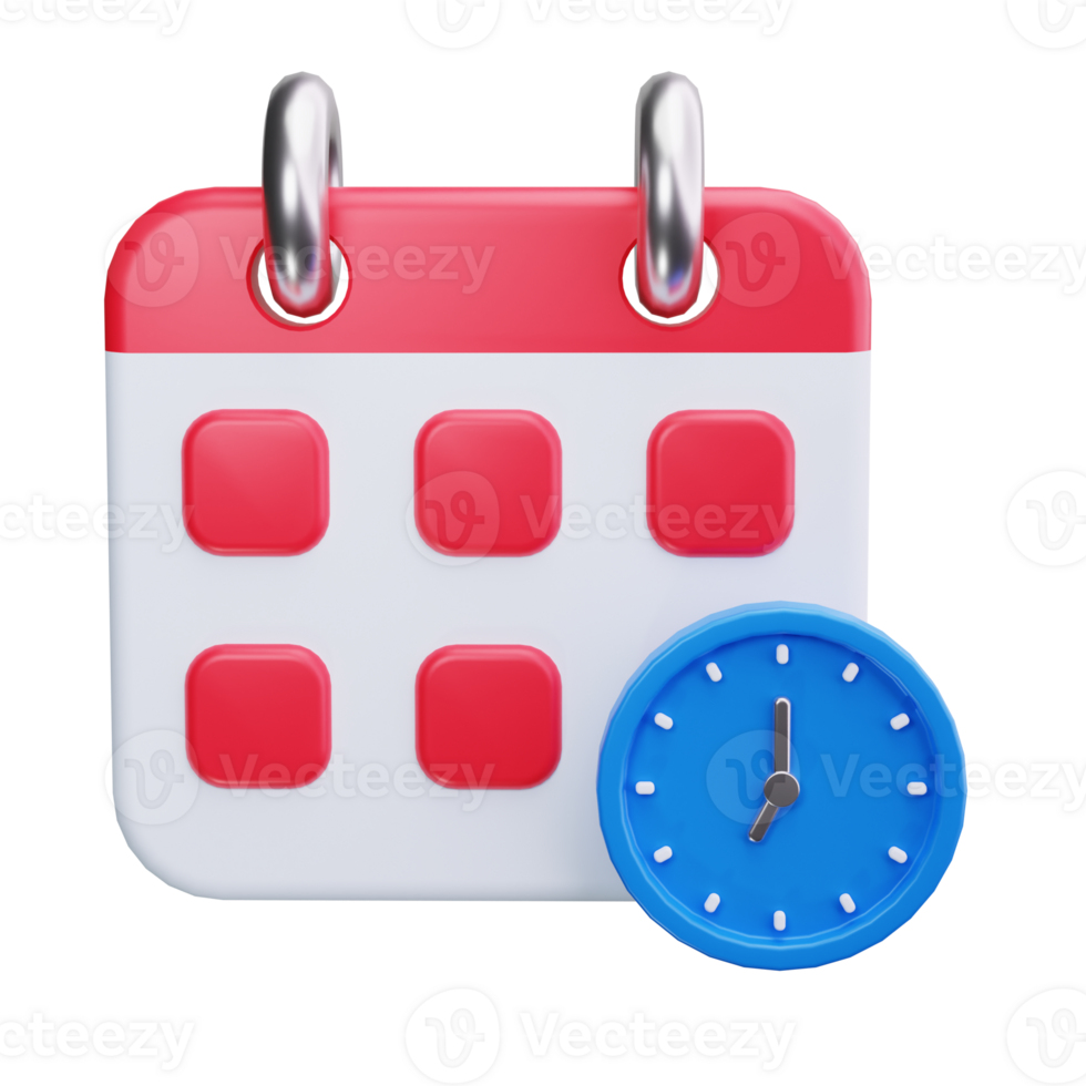 3d calendar with a clock next to it. png