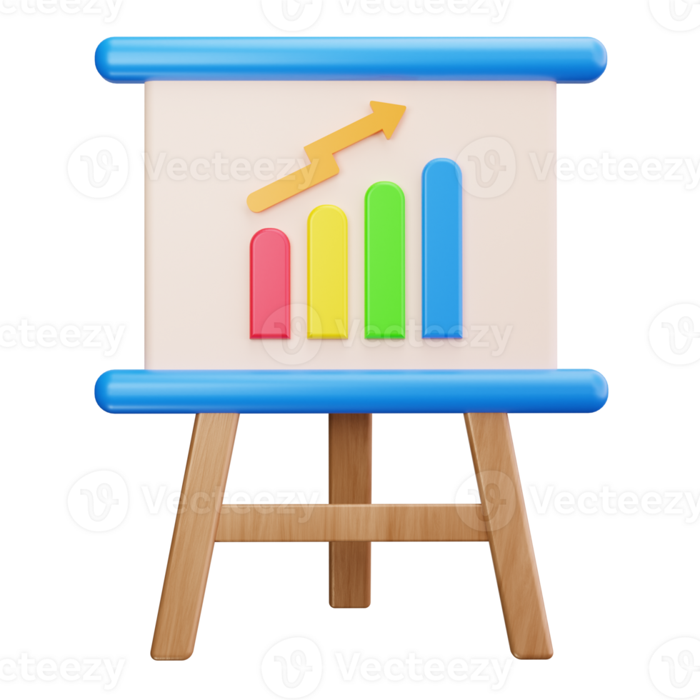 Blue whiteboard with a bar graph and an arrow on a wooden easel. png