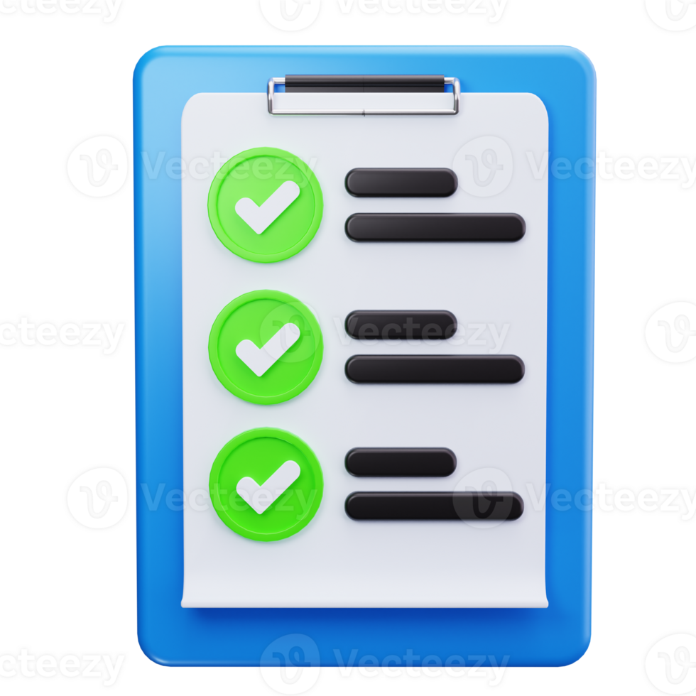Blue clipboard with a white sheet and green checkmarks. png