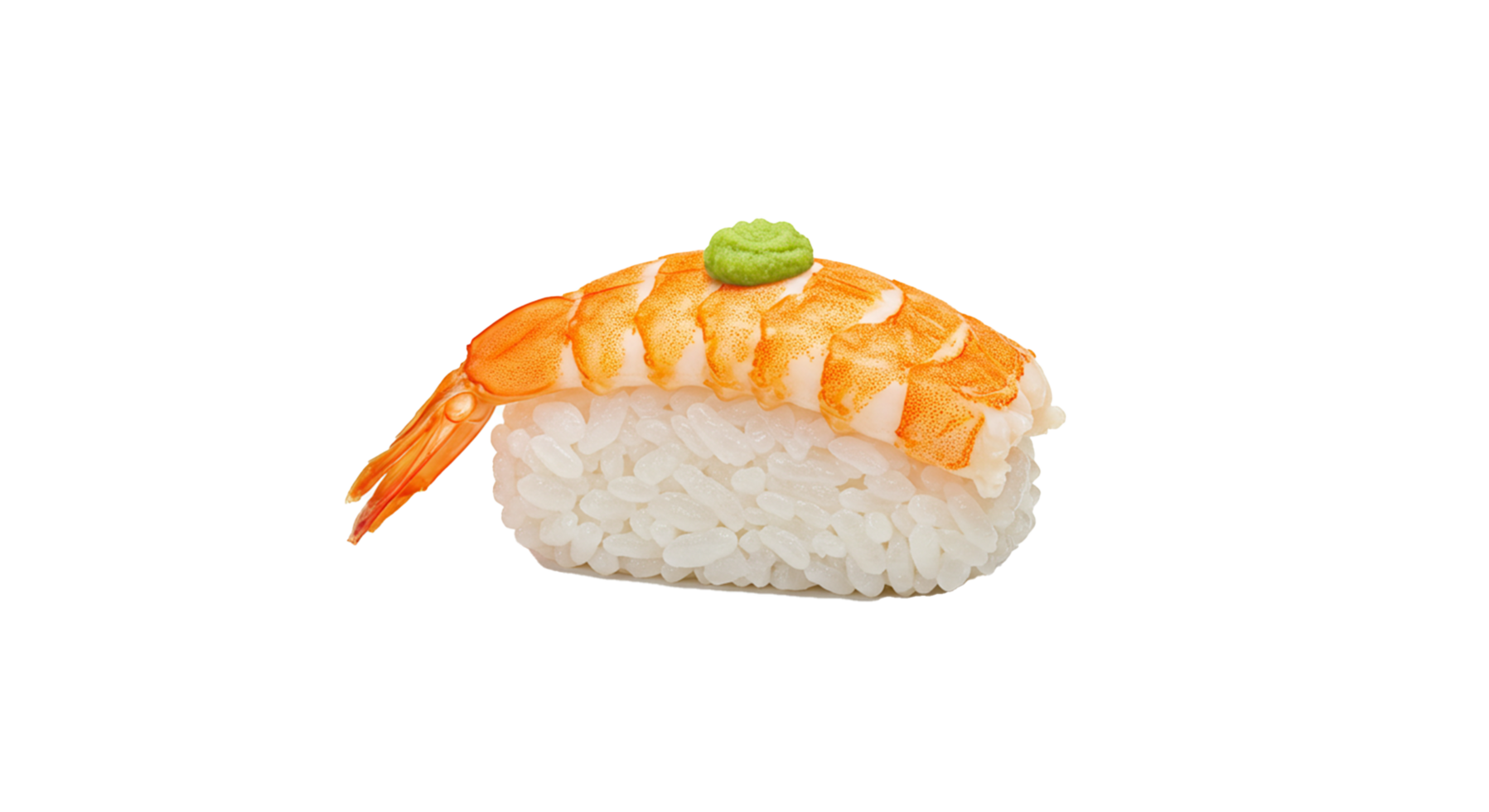 Single Ebi Nigiri showcases perfectly vibrant shrimp atop pristine rice, finished with wasabi dot. png