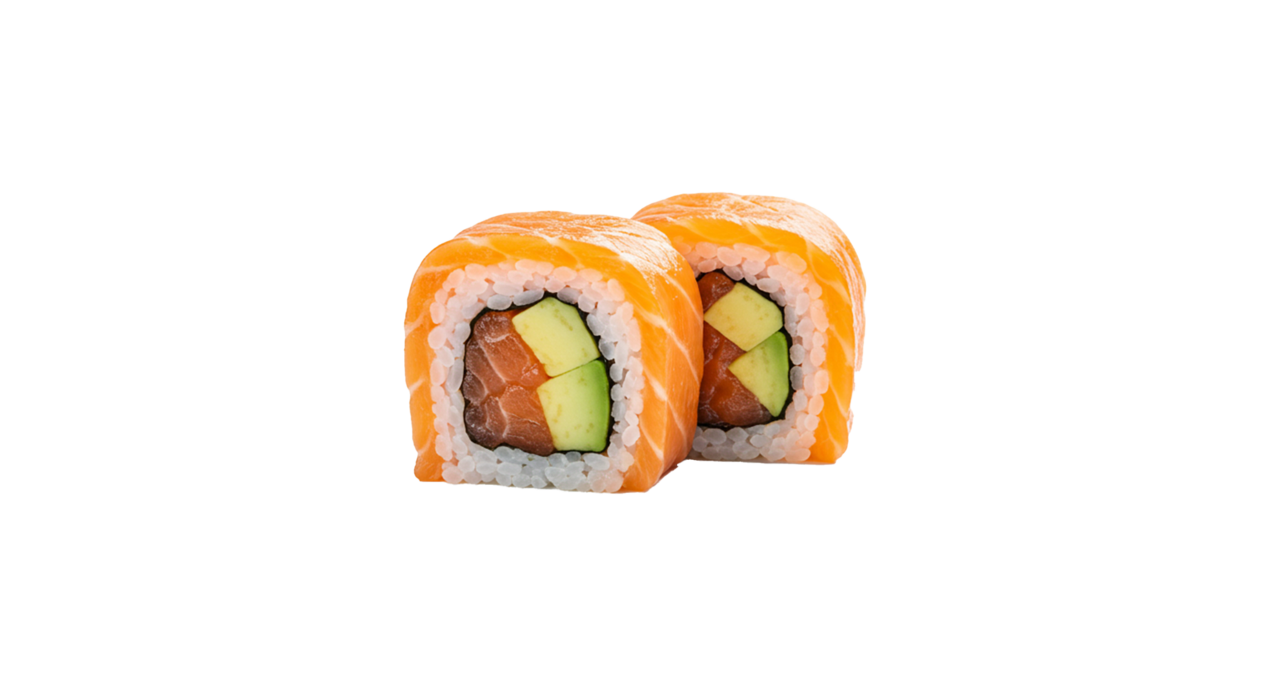 Two vibrant salmon avocado sushi rolls presented against a transparent backdrop for versatile use. png