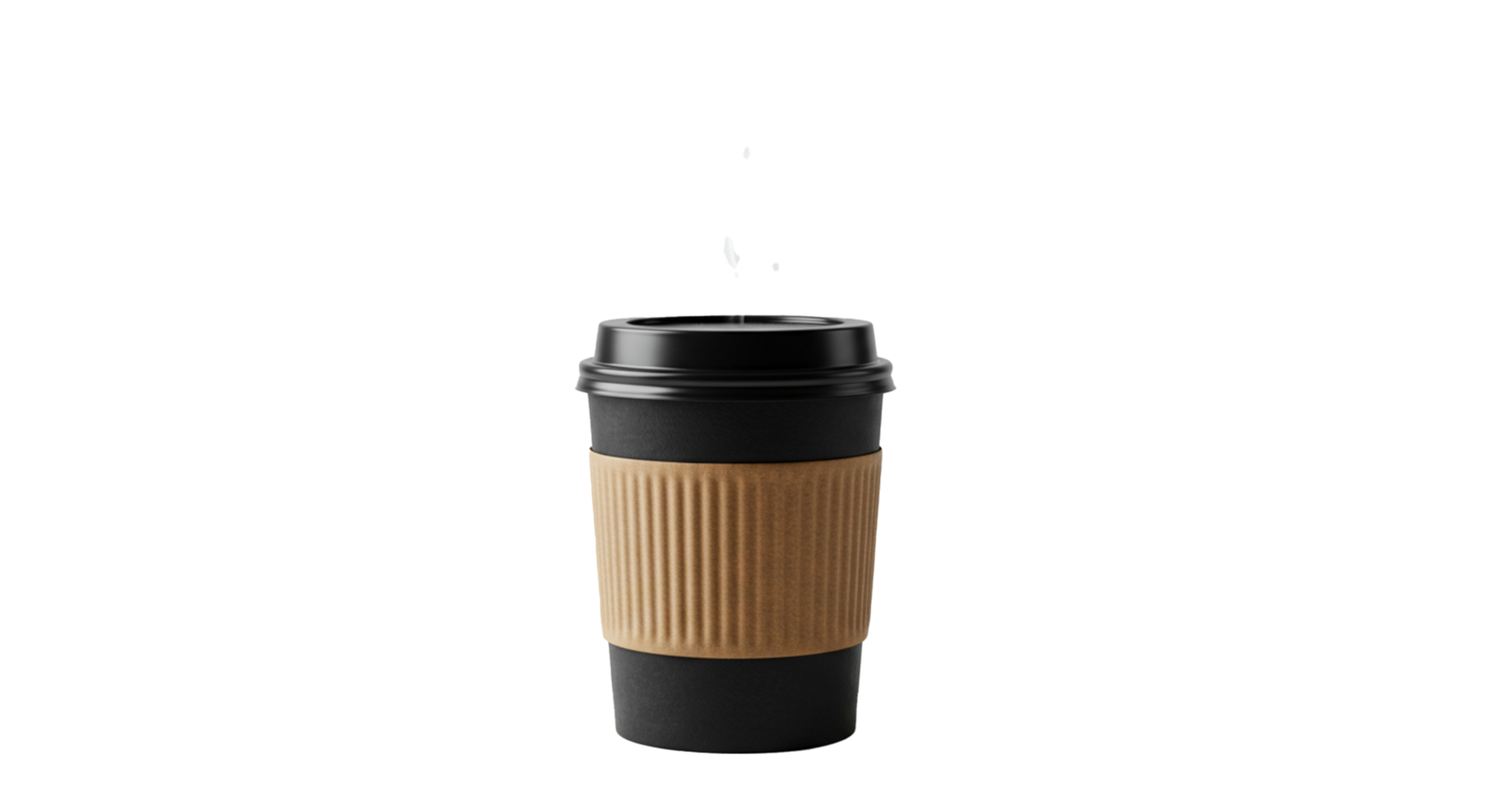 A reusable dark gray coffee cup with a black lid and cardboard sleeve stands isolated png