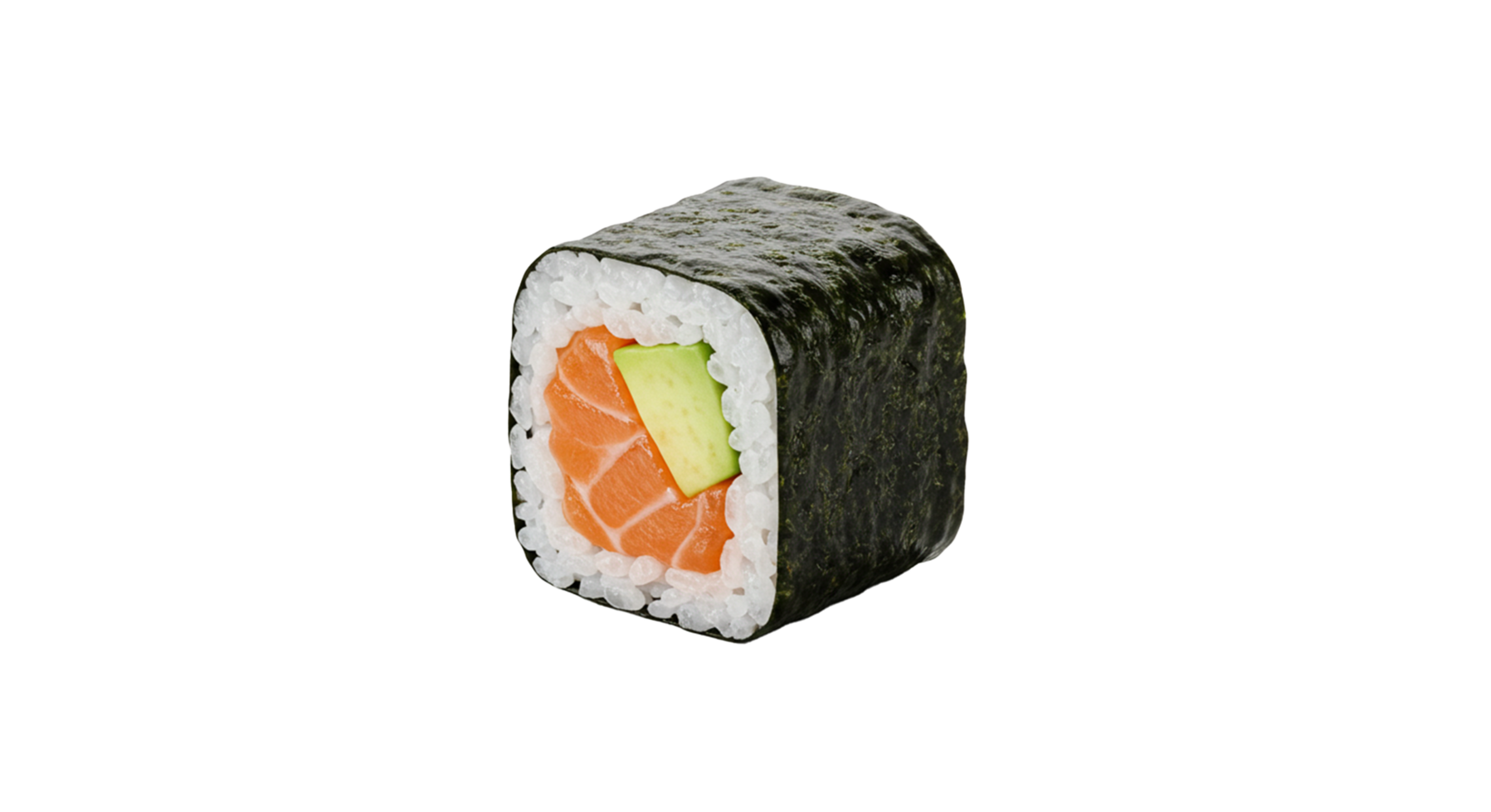 Maki roll featuring fresh salmon and avocado wrapped in nori seaweed and sushi rice on transparent png