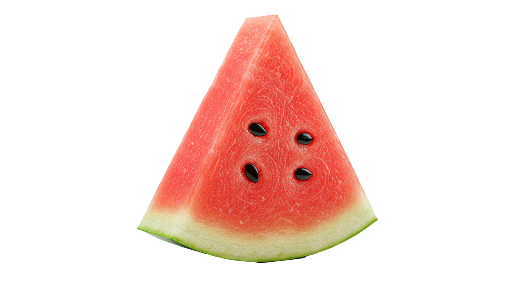 A juicy slice of watermelon with visible seeds is isolated on a transparent background ready to eat. png