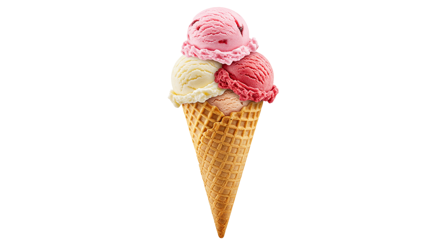 Trio of ice cream scoops stacked high in a crispy waffle cone on transparent background. png
