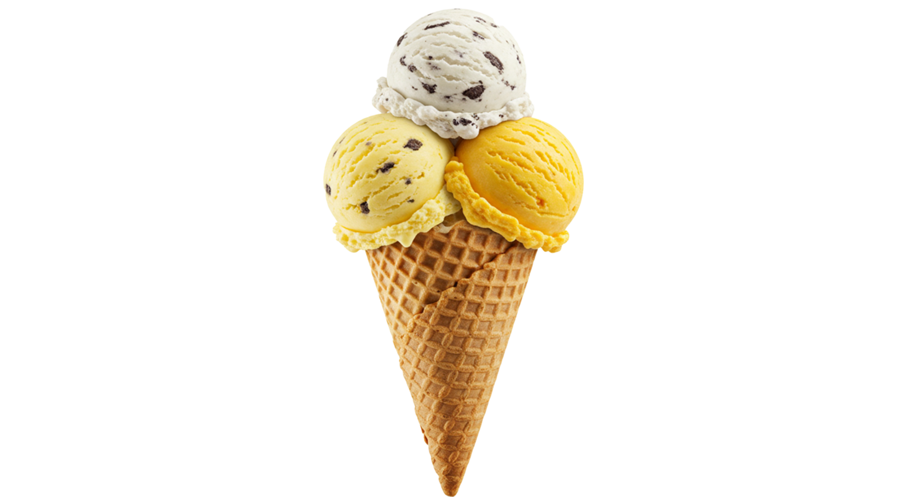 A delightful ice cream cone with three scoops in vanilla, mango, and chocolate chip flavors. png