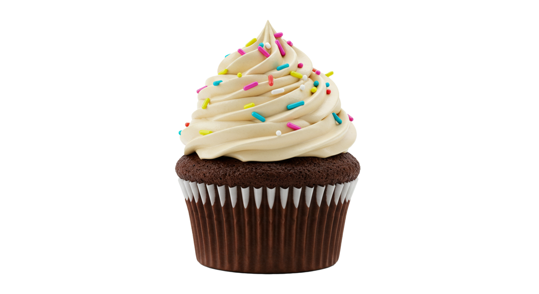 Delicious looking single chocolate cupcake with swirls of frosting and candy sprinkles shown. png