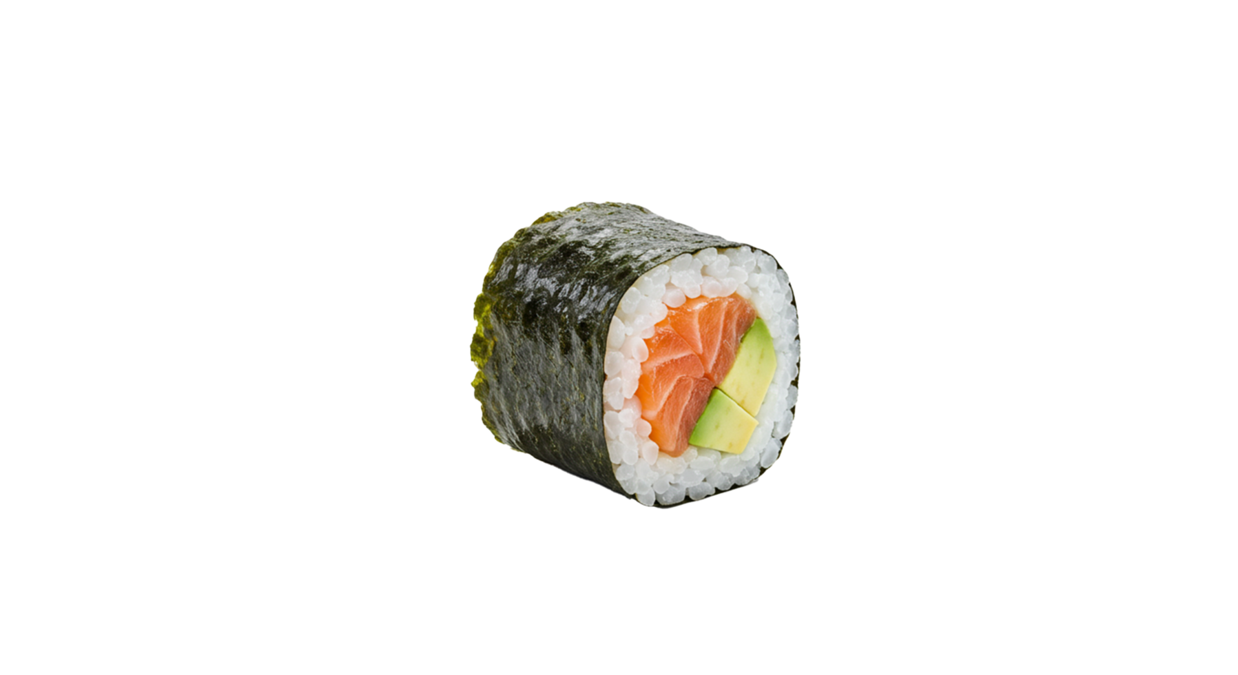 Isolated image displays salmon and avocado sushi roll on transparent background, ready to be used. png