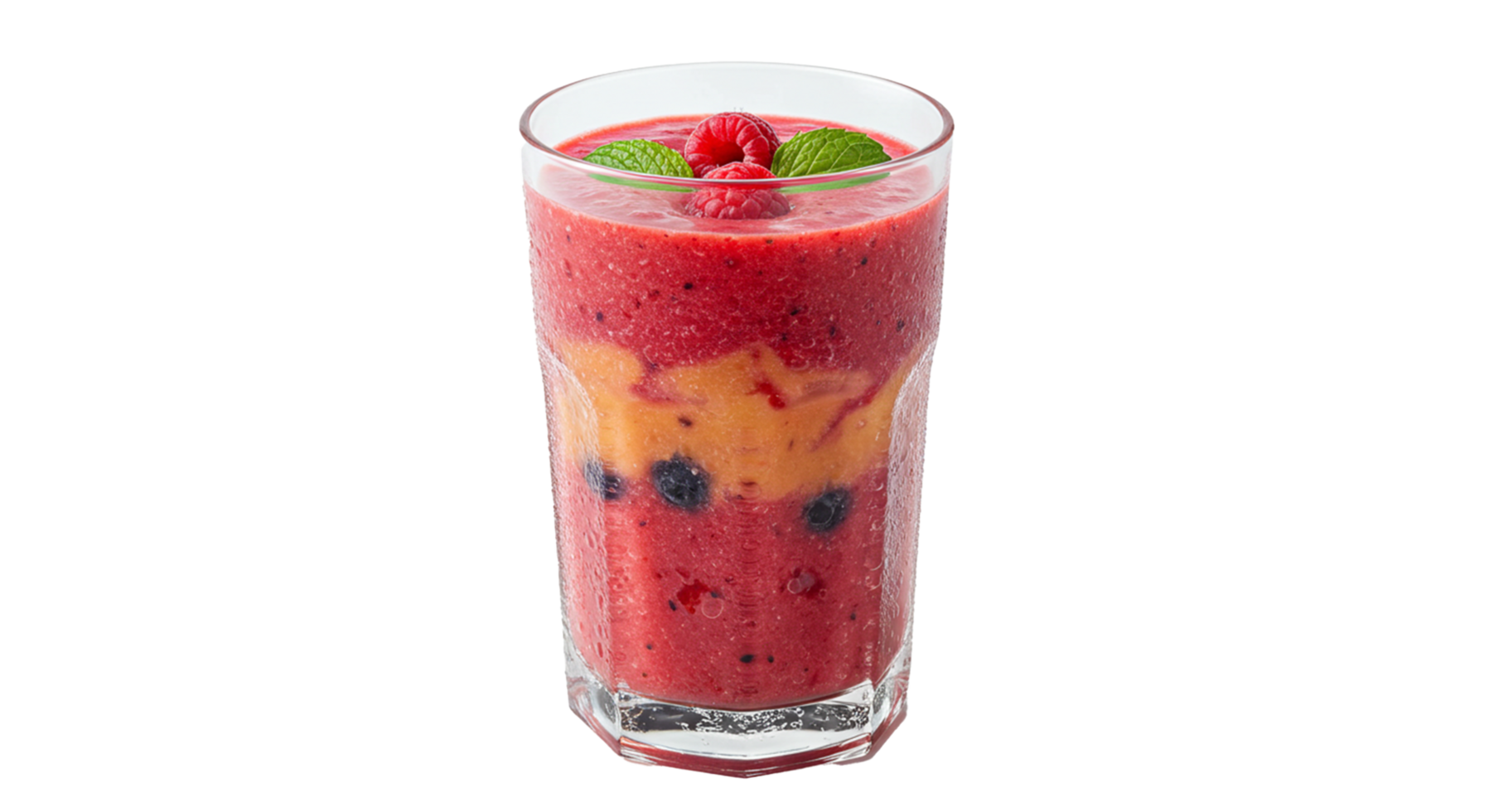 A vibrant layered smoothie in a glass, garnished with raspberries and mint on transparent backdrop. png