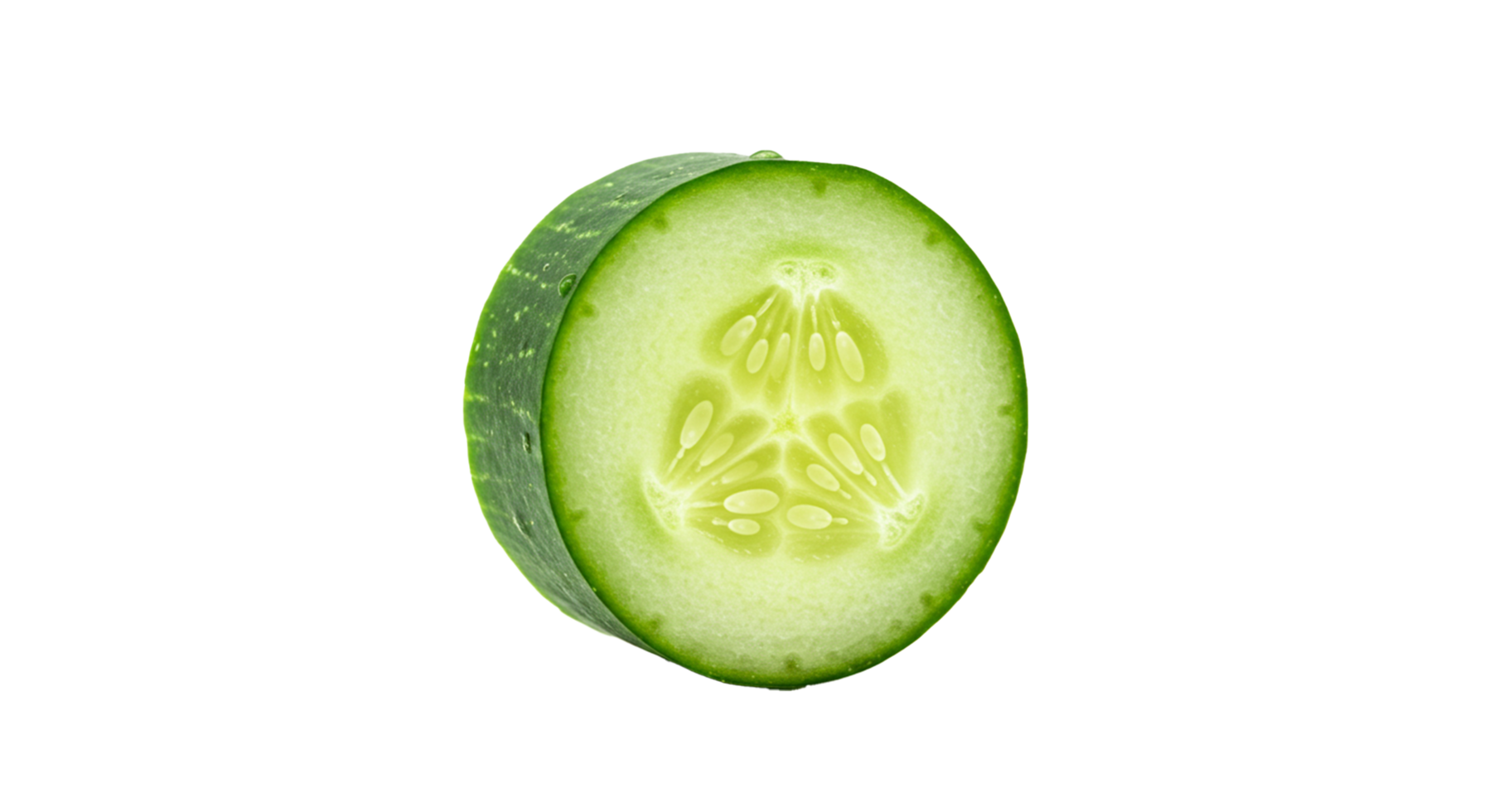 A vividly green and crisp cucumber slice, photographed against transparent backdrop showing detail. png