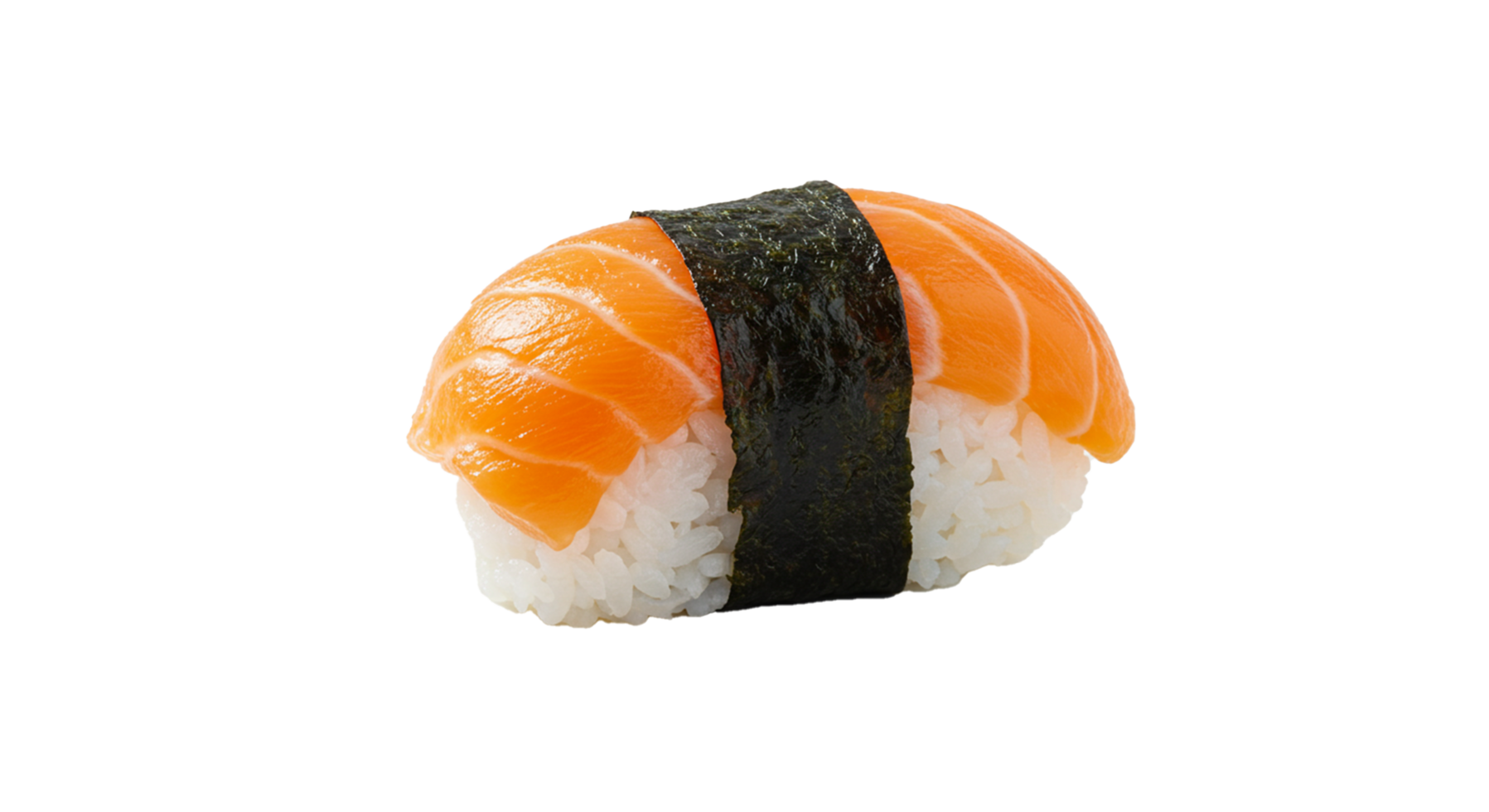 A single piece of salmon nigiri sushi with seaweed against a transparent background stands out. png