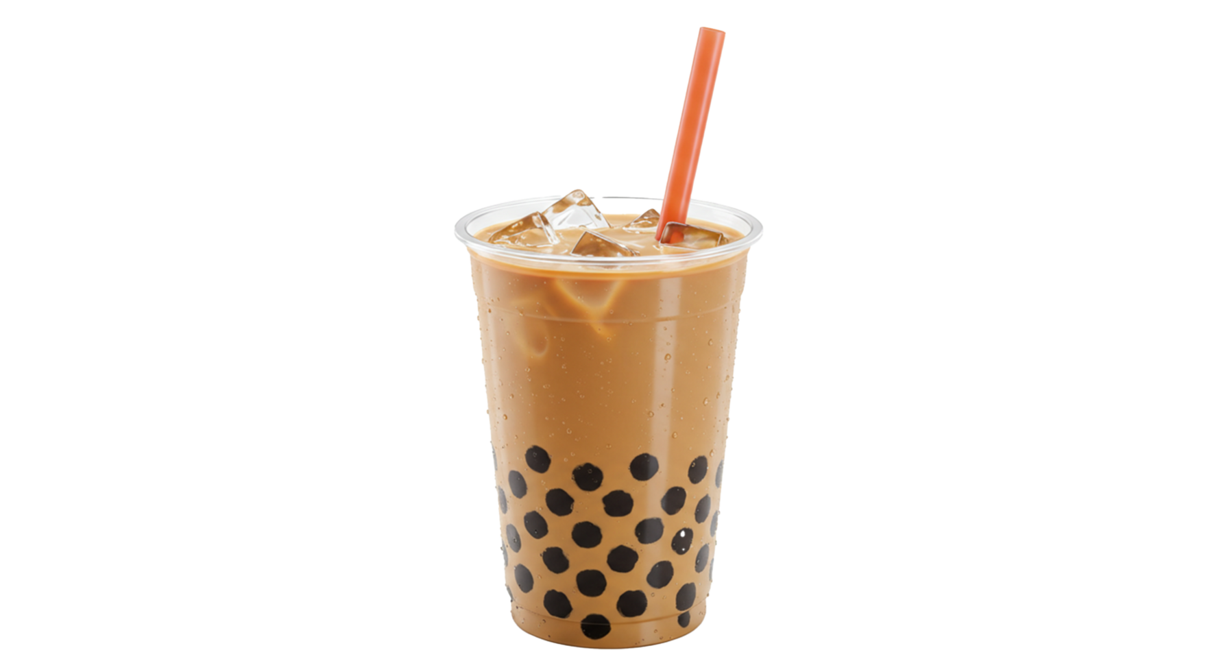 Refreshing iced coffee with tapioca pearls served in a clear plastic cup with a bright straw. png
