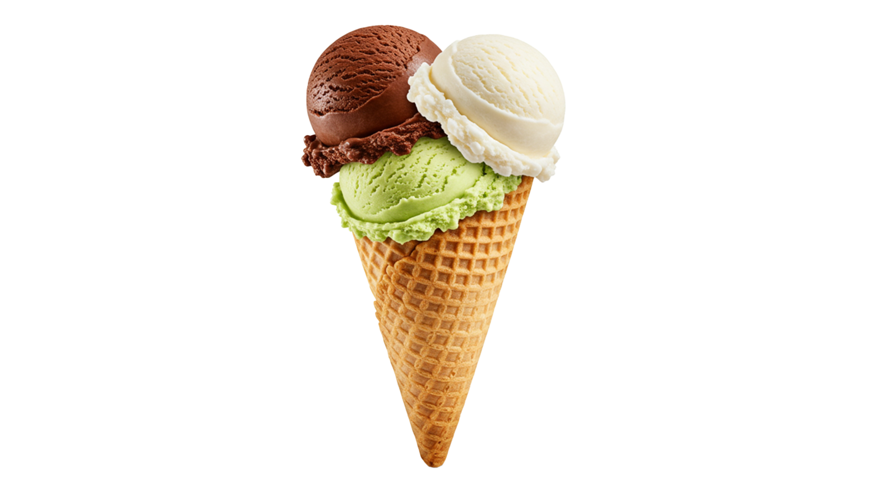 A colorful ice cream cone with chocolate, vanilla, and green scoops on a transparent backdrop. png