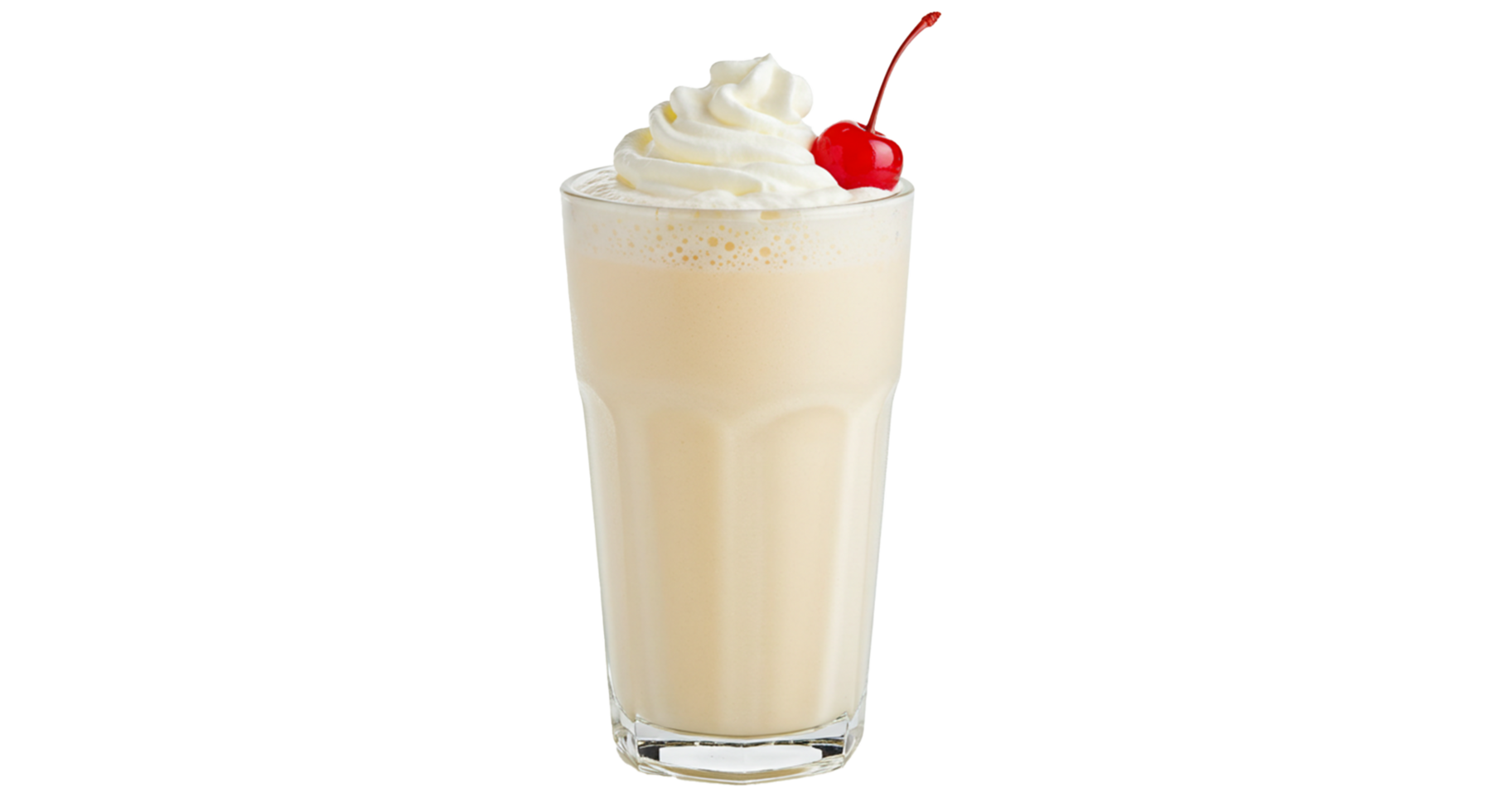 Creamy vanilla milkshake topped with whipped cream and a cherry, isolated on a transparent backdrop. png