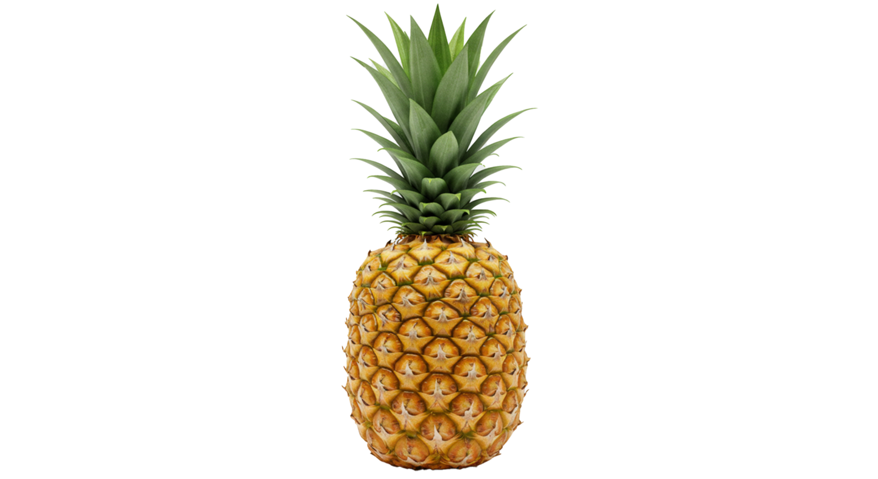 Standing pineapple with lush green crown and vibrant yellow skin set against transparency effect png