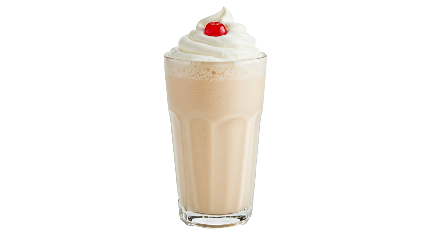 Delicious milkshake with whipped cream and cherry on top presented against transparent background. png