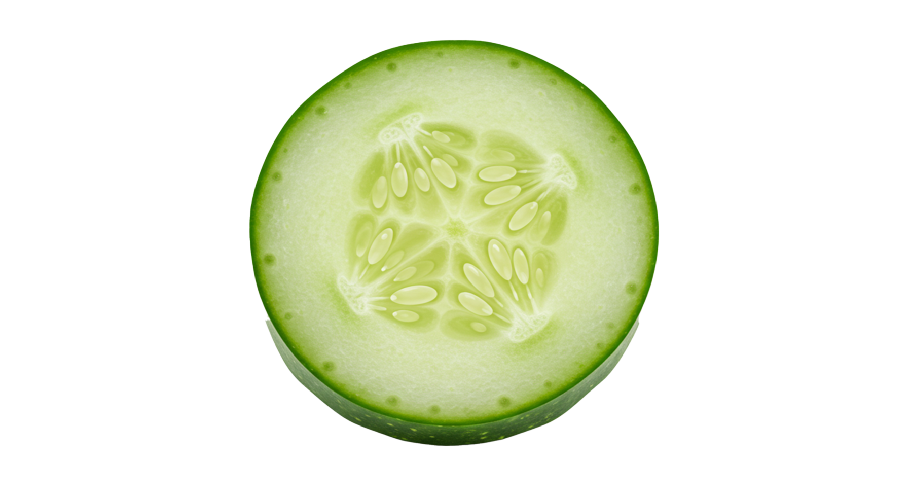 Translucent cucumber slice with seeds exhibits its geometric pattern against transparent background. png