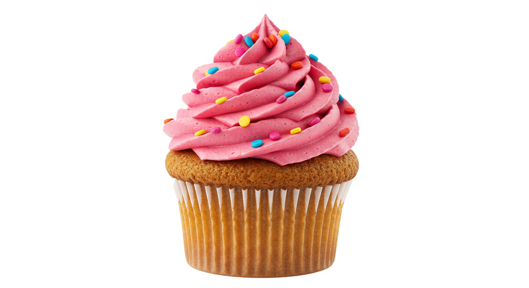 Delicious cupcake with pink frosting and colorful sprinkles isolated on a transparent background png