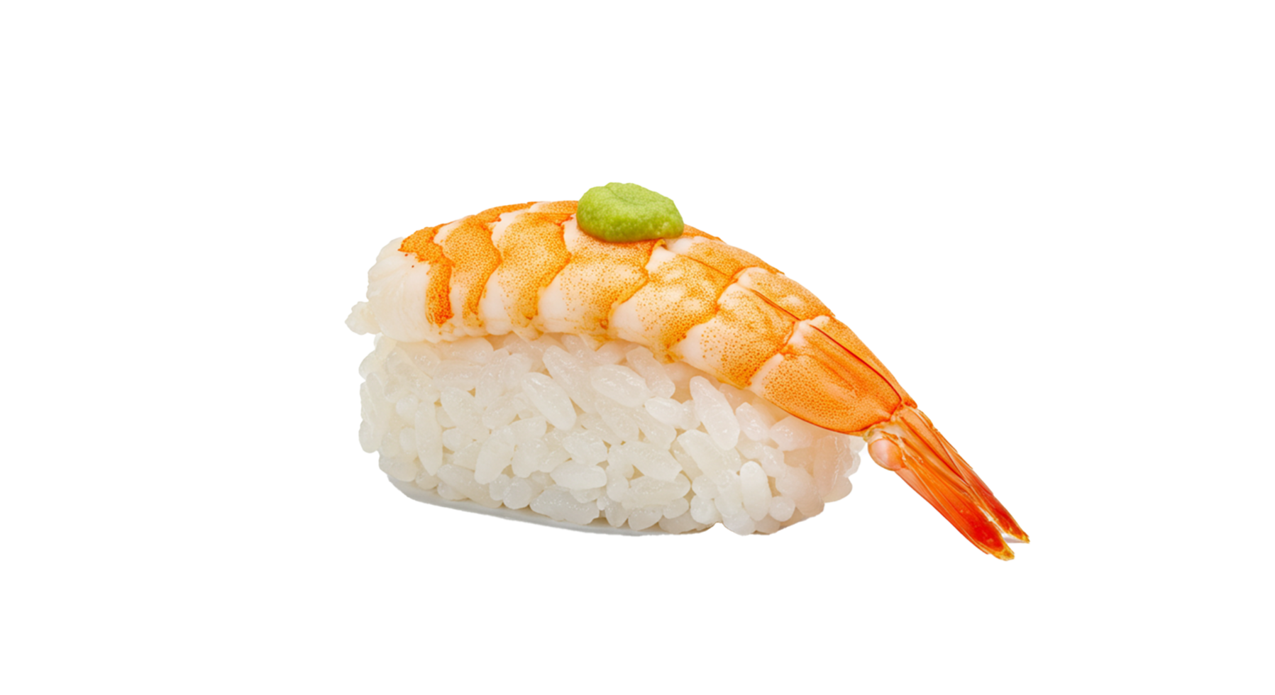 A vibrant single piece of shrimp nigiri sushi is presented against a clean transparent background. png