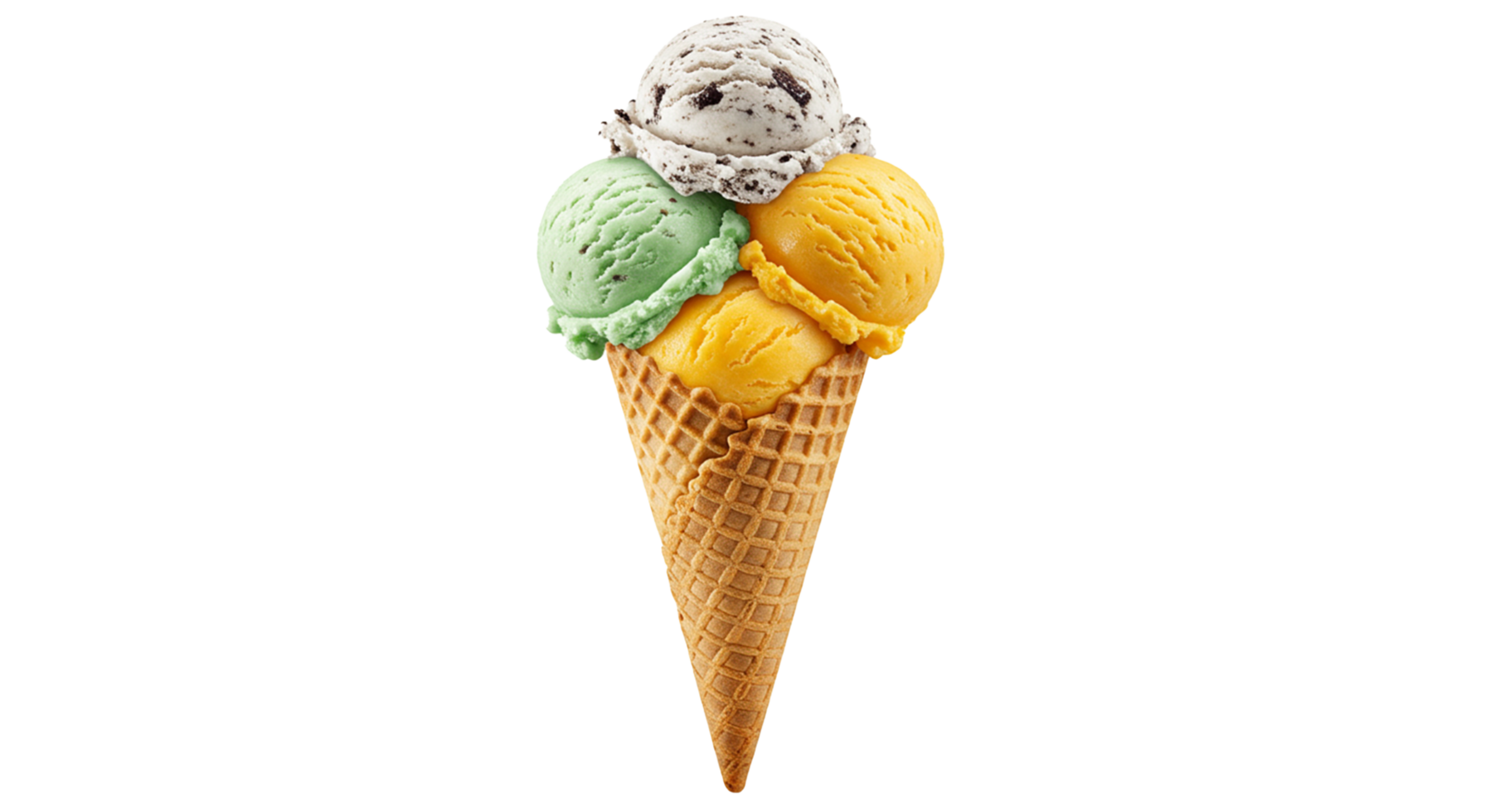 Colorful ice cream cone featuring three scoops stacked high on a crispy waffle cone, isolated. png