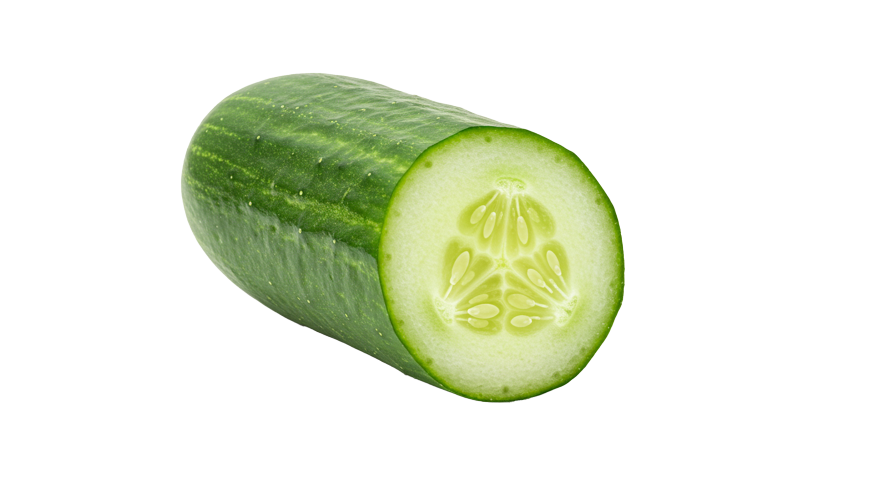 Fresh cucumber with a cut end reveals its juicy interior, vibrant green against transparency. png