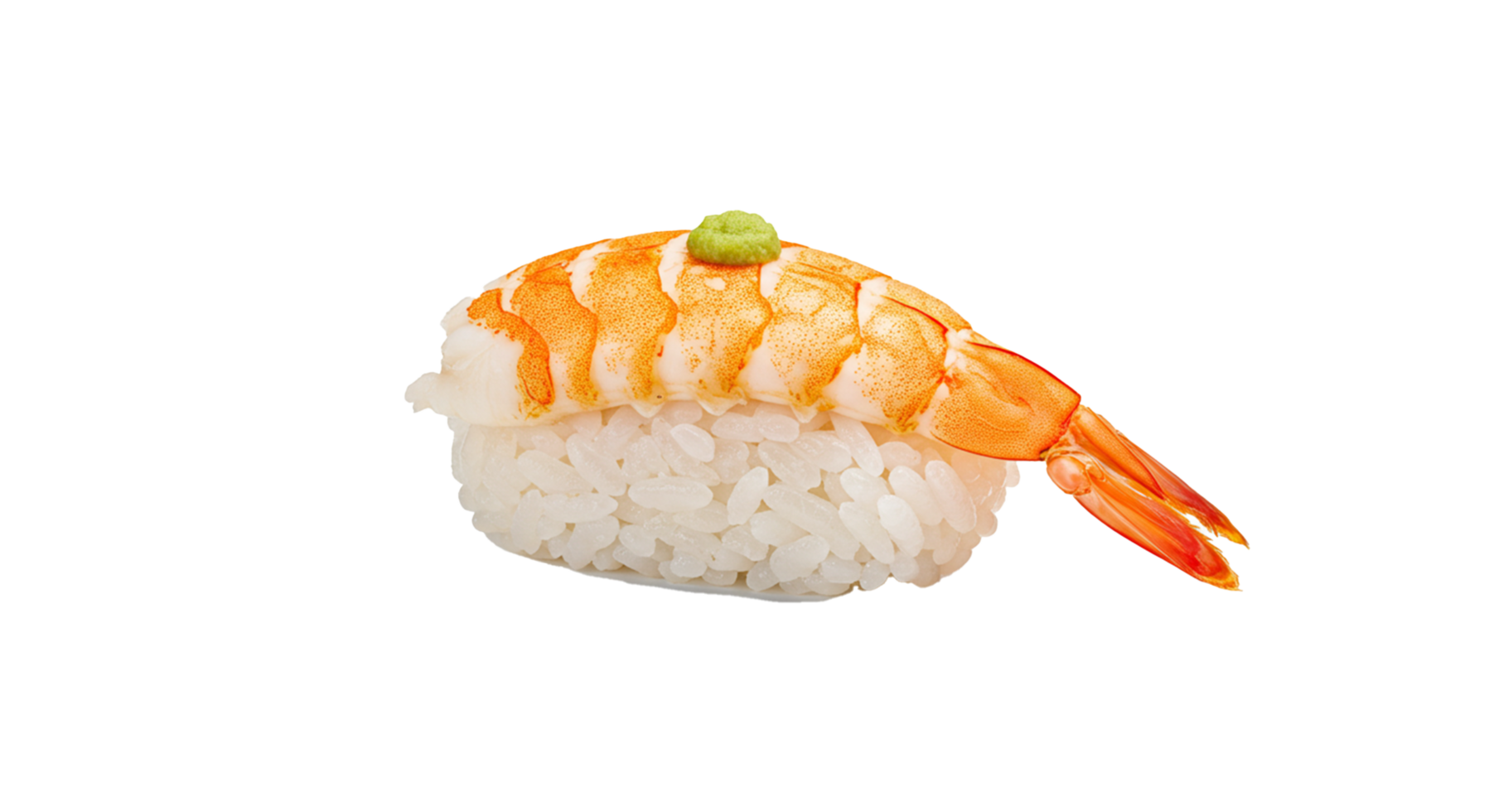 Elegant ebi nigiri sushi, featuring a vibrant orange shrimp over rice and a dab of green wasabi. png