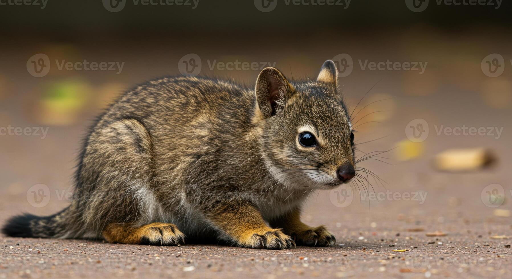 Close-Up of a Baby Squirrel on Ground with Autumn Leaves photo