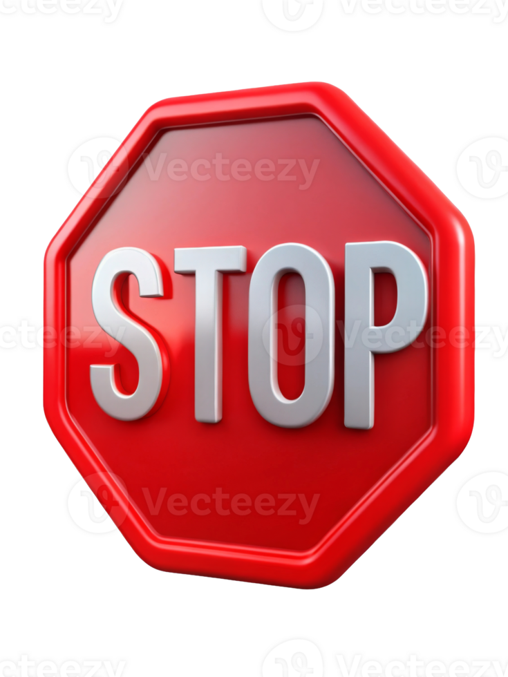 A prominent red octagonal stop sign, featuring bold white lettering, symbolizing traffic regulations and safety. png