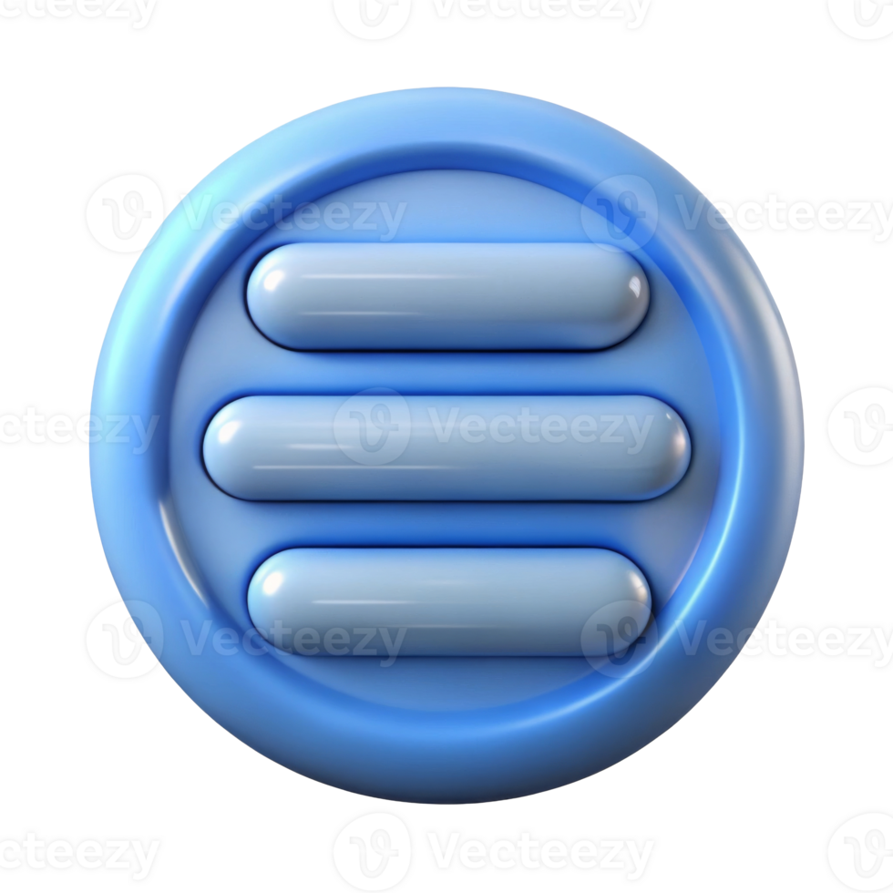 A glossy blue circular button featuring three horizontal bars, symbolizing a menu or options interface. png