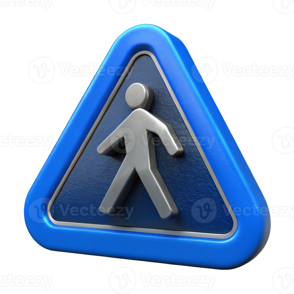 A blue triangular pedestrian sign featuring a metallic walking figure, symbolizing safety and pedestrian awareness. png