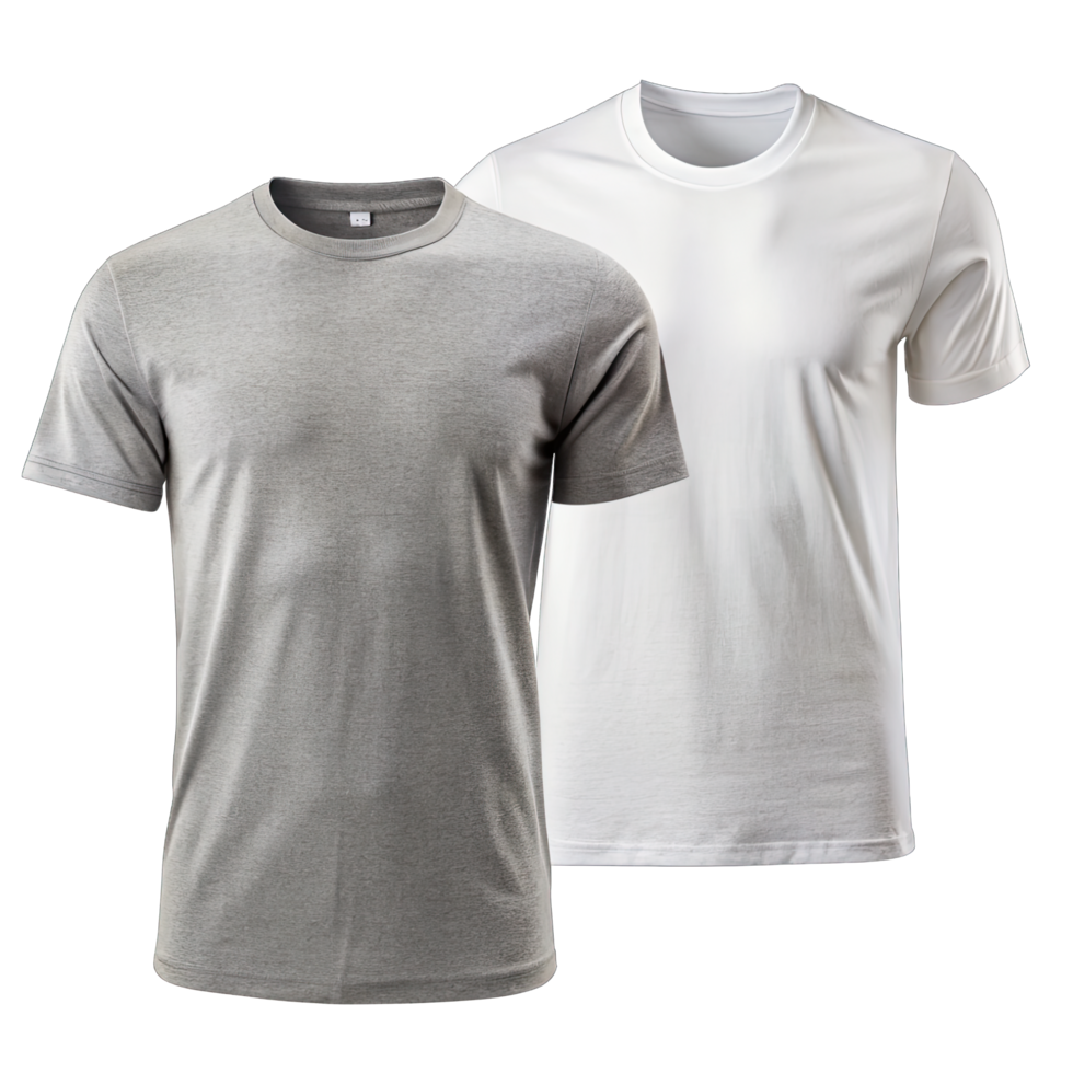 A photograph showcasing two round-collared t-shirts, one gray and one white, folded and laying flat without background png