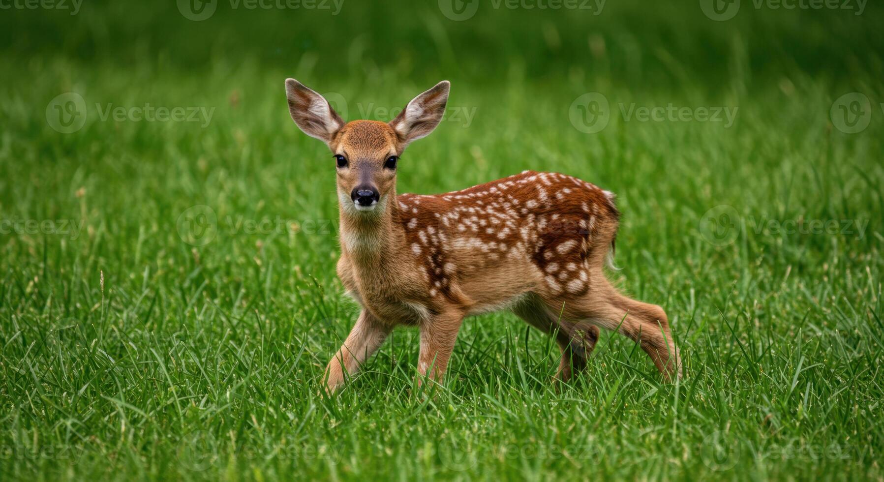 Spotted Fawn Standing Alert in Lush Green Meadow photo