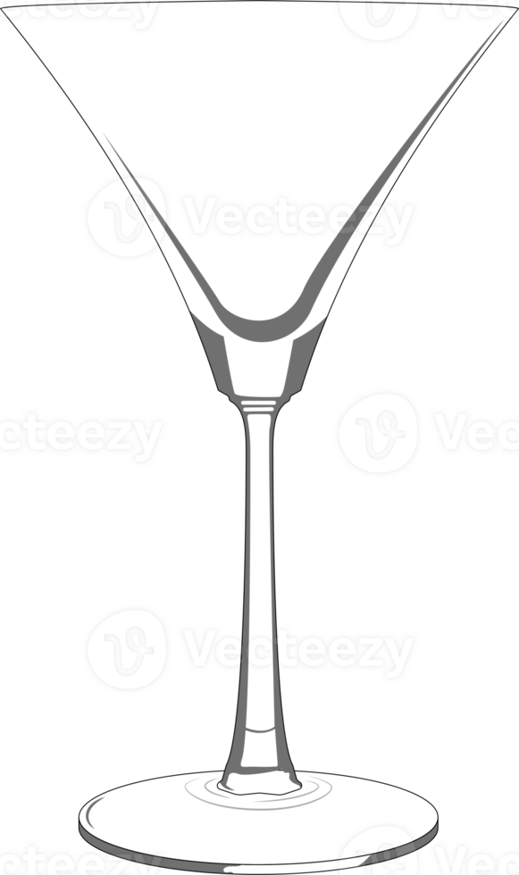 A minimalist gray illustration of a cocktail or martini glass. The design features a sleek, modern silhouette with elegant lines and a subtle reflection at the base. png