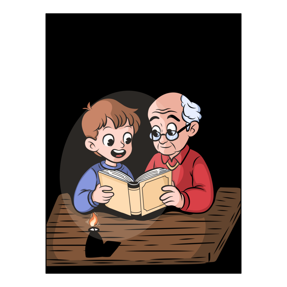 Intergenerational cartoon of a boy and senior reading a book by lamp. Symbolizes timeless learning and connection. Ideal for World Book Day. png