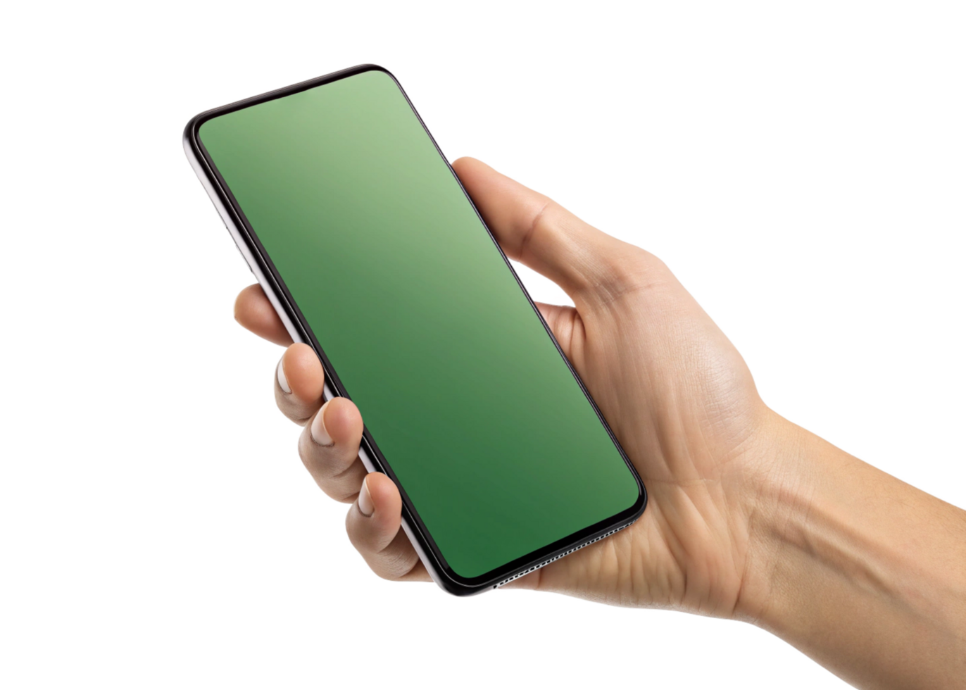hand holding a green smartphone on a transparent background png