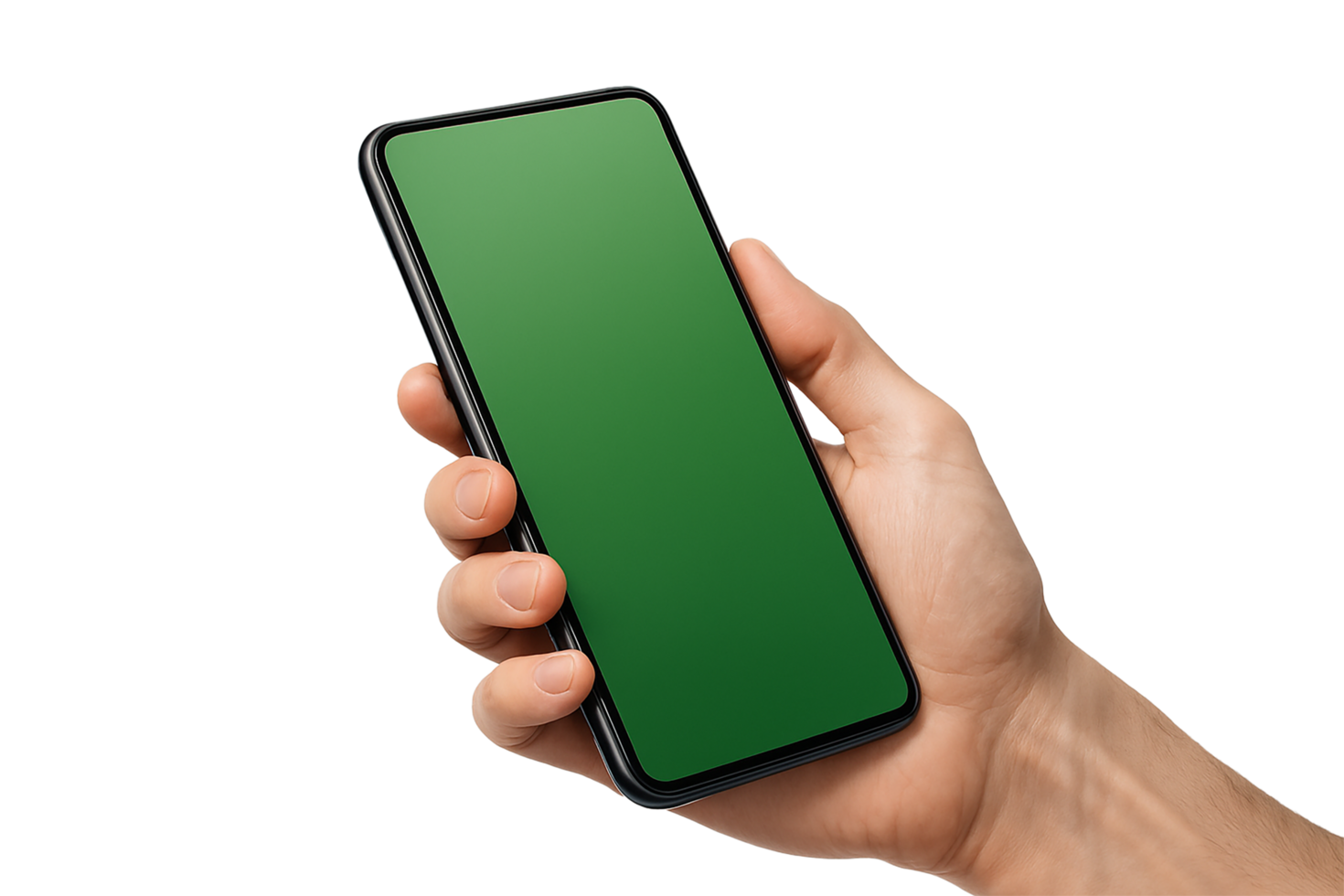 Hand Holding Smartphone with Blank Green Screen png