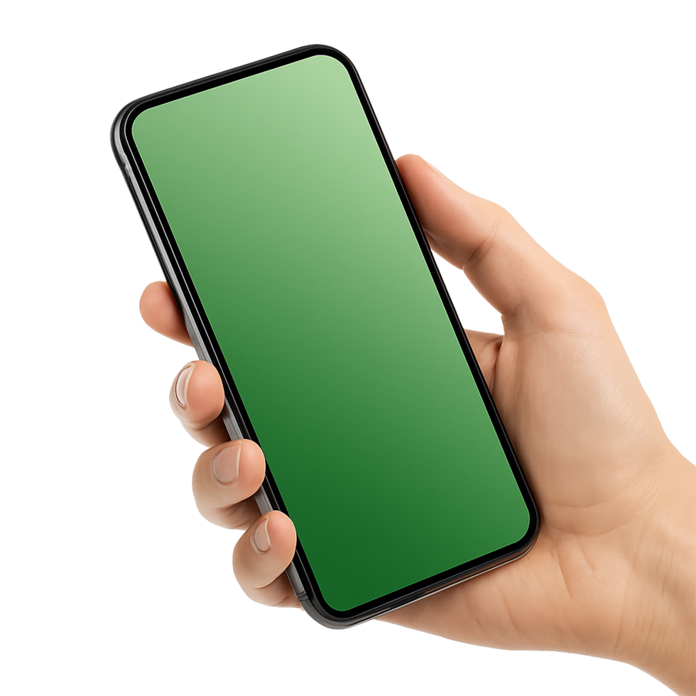 Smartphone in Hand, Transparent Background, Green Screen Display png