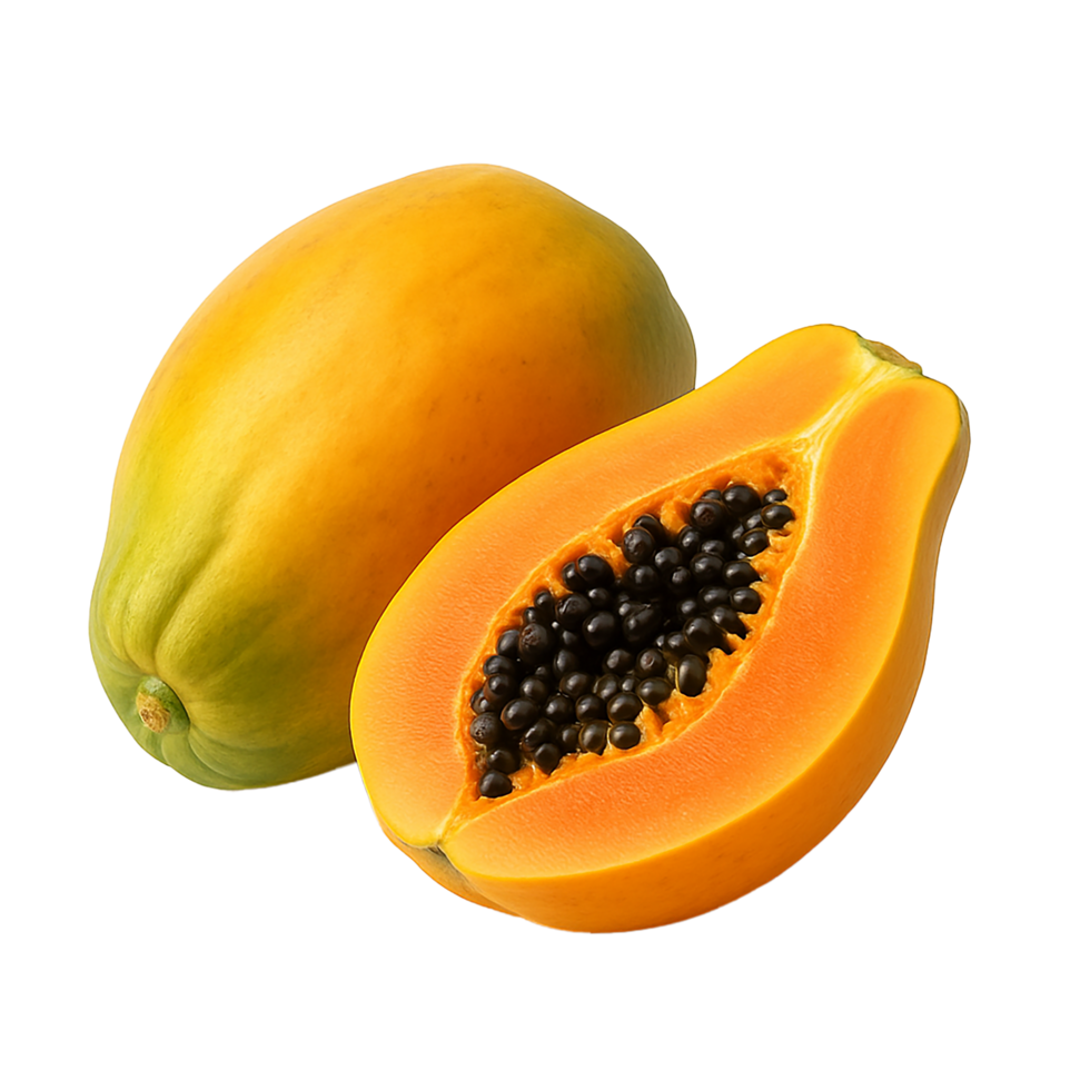 Ripe Papaya with Seeds and Whole Fruit on Transparent Background png