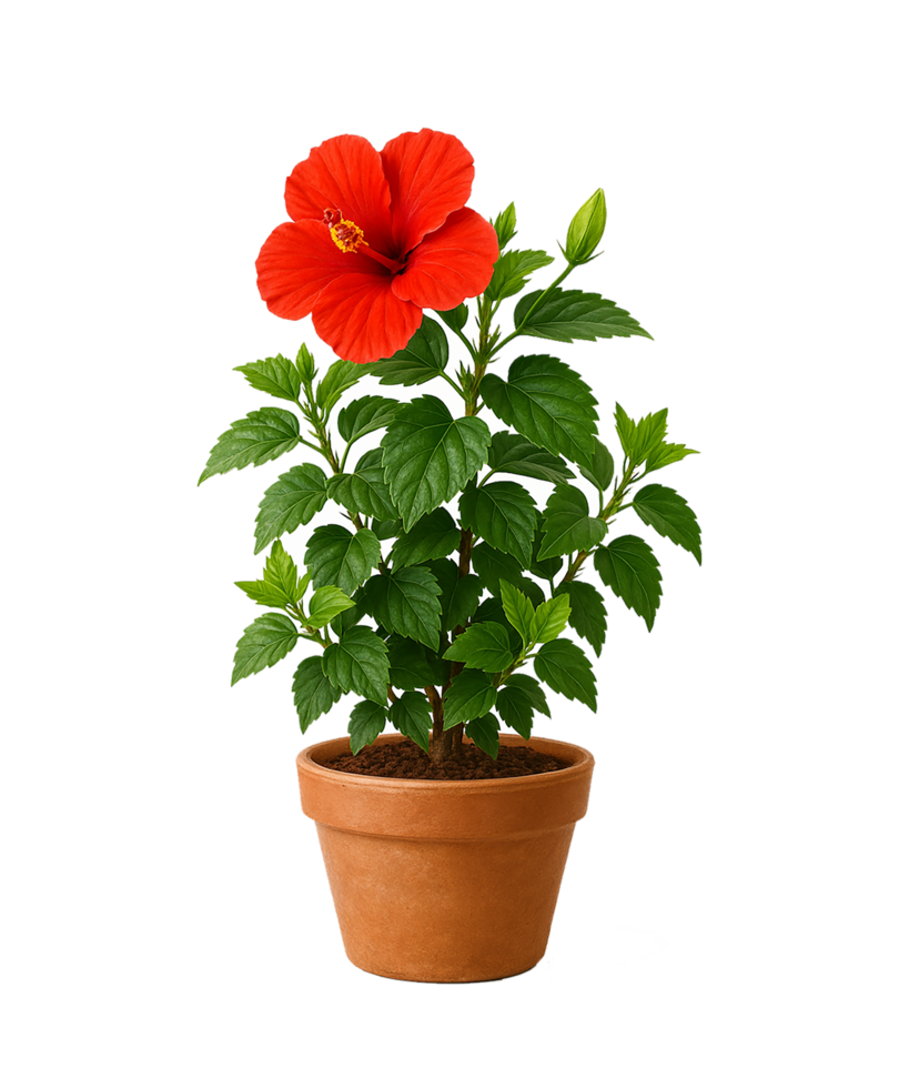 A Hibiscus Plant with Red Flower in White Pot Isolated on Transparent Background png