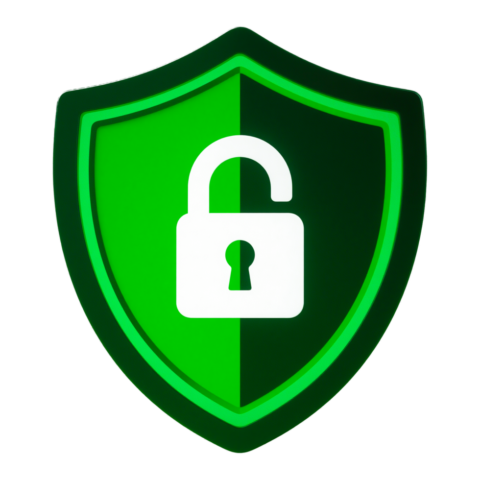 Green Shield with Open Lock Security and Protection Icon png