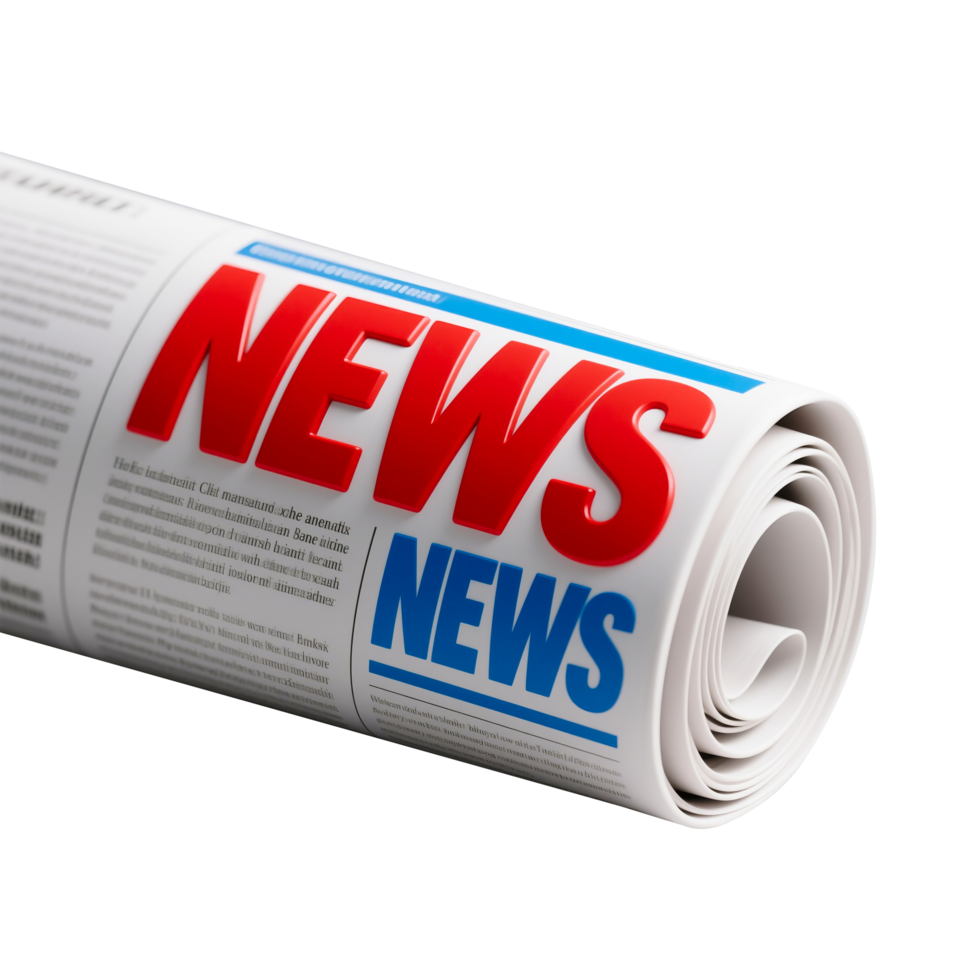 Rolled Up Newspaper with Bold Red News Headlines png