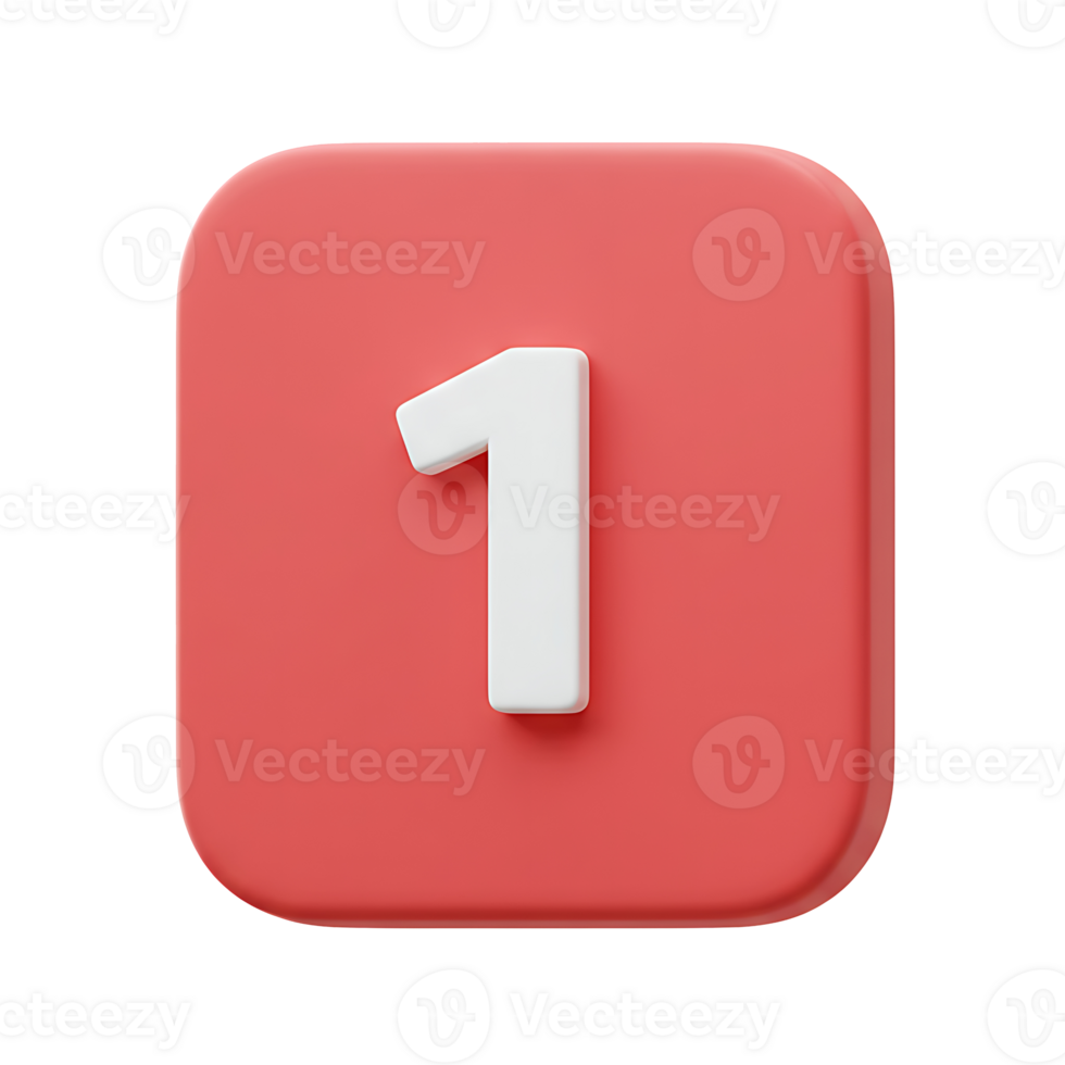 Three Dimensional Number One on a Coral Square Button png