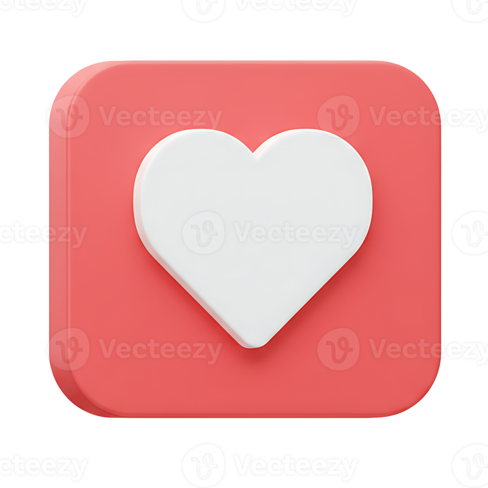 3D Render of a Coral Pink Square Button with a White Heart Icon png