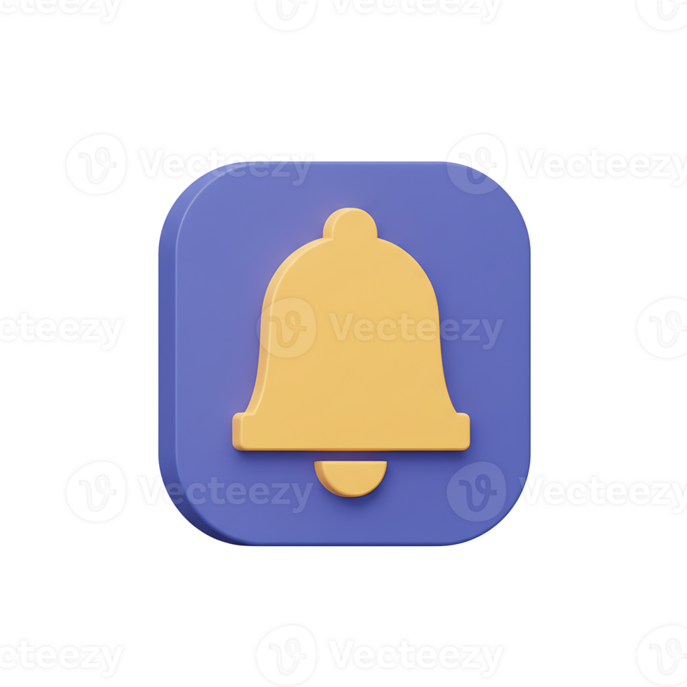 3D Render of a Yellow Bell Notification Icon on a Purple Square Button png