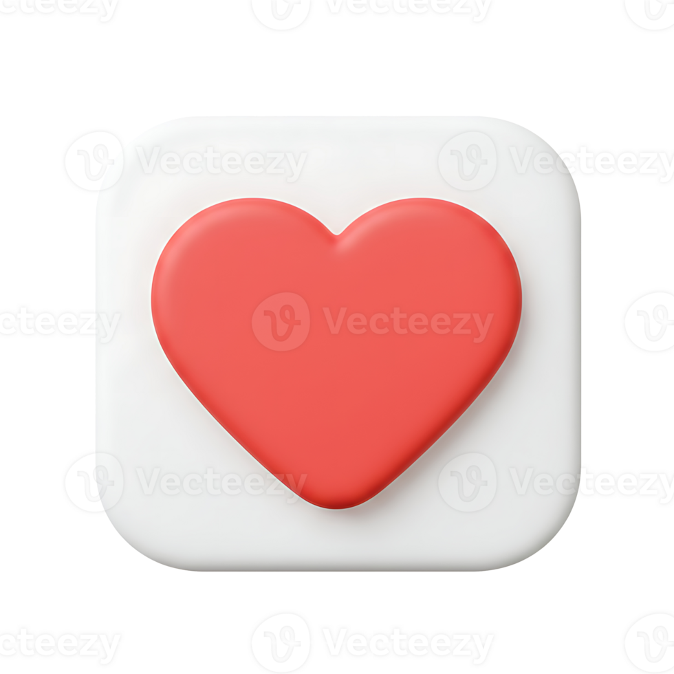 3D Render of a Red Heart Icon on a White Square Button for App Interface Design png