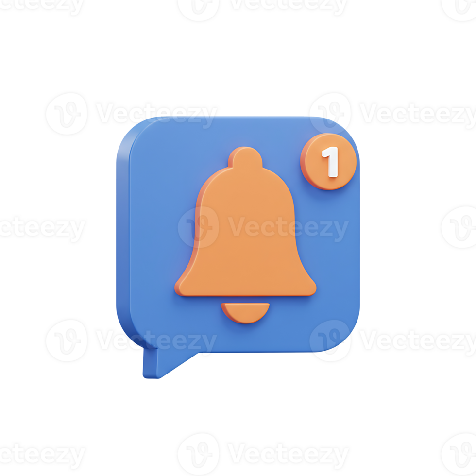 Three Dimensional Render of a Blue Notification Bell Icon with One New Message png