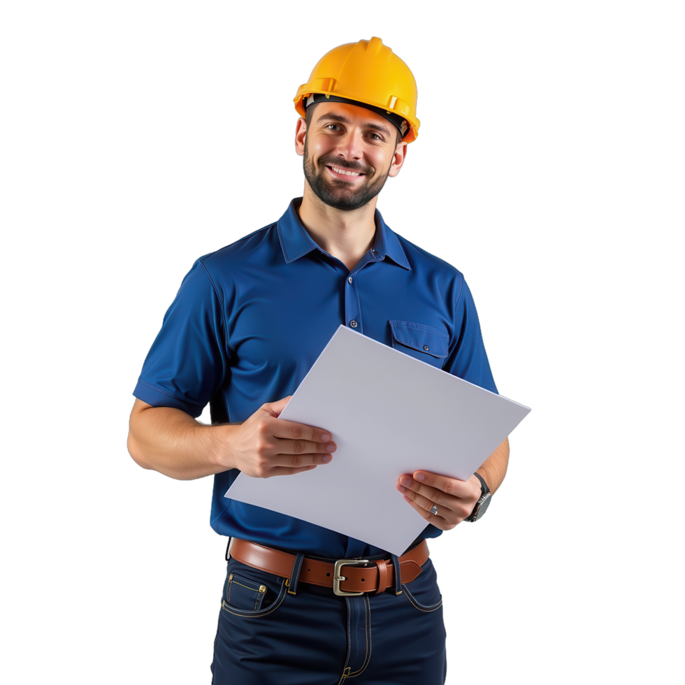 A man in a hard hat holding a piece of paper png