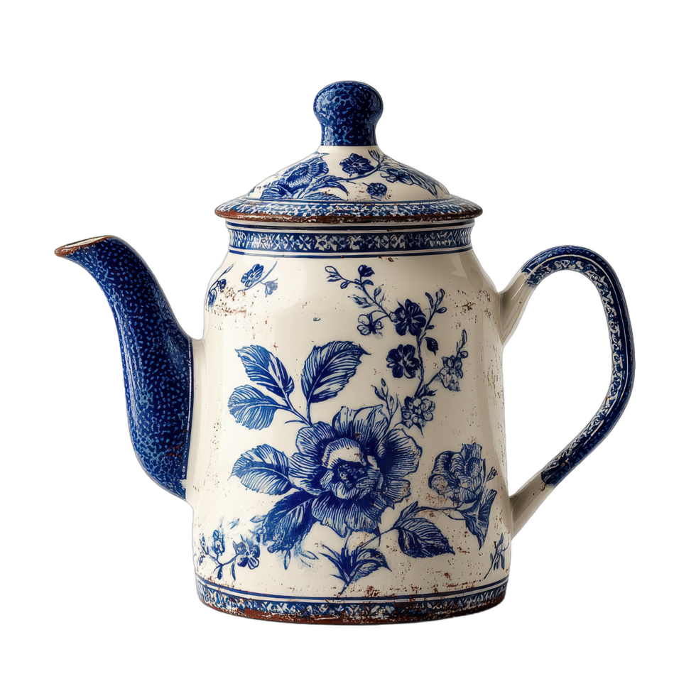 A blue and white teapot with a flower design png